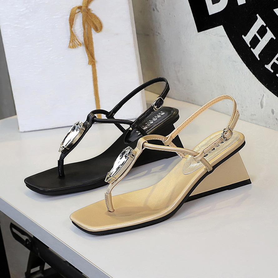 French Design Women's Wedge Sandals With Rhinestones And Straps_voghion.com