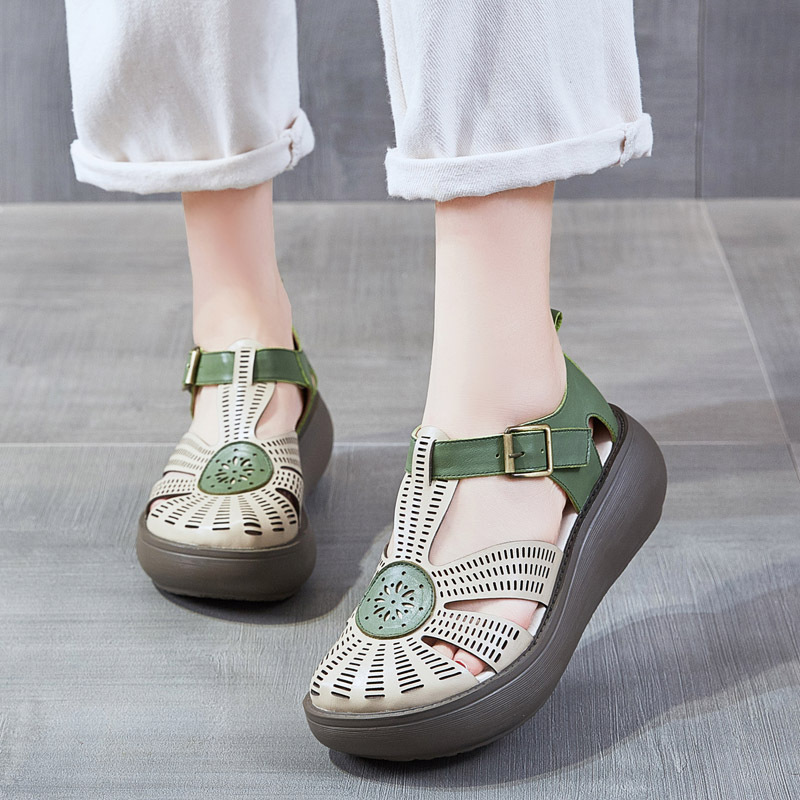 Wedge Sandals for Women 2024 New Summer Cut Out Hole Shoes Color Matching Ethnic Style Women's Shoes Genuine Leather Thick-Soled Roman Shoes