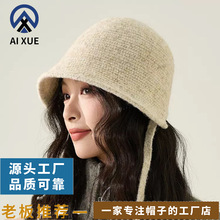 2025秋冬明星同款韩版后开叉显脸绑带针织保暖韩版后显脸小盆帽女