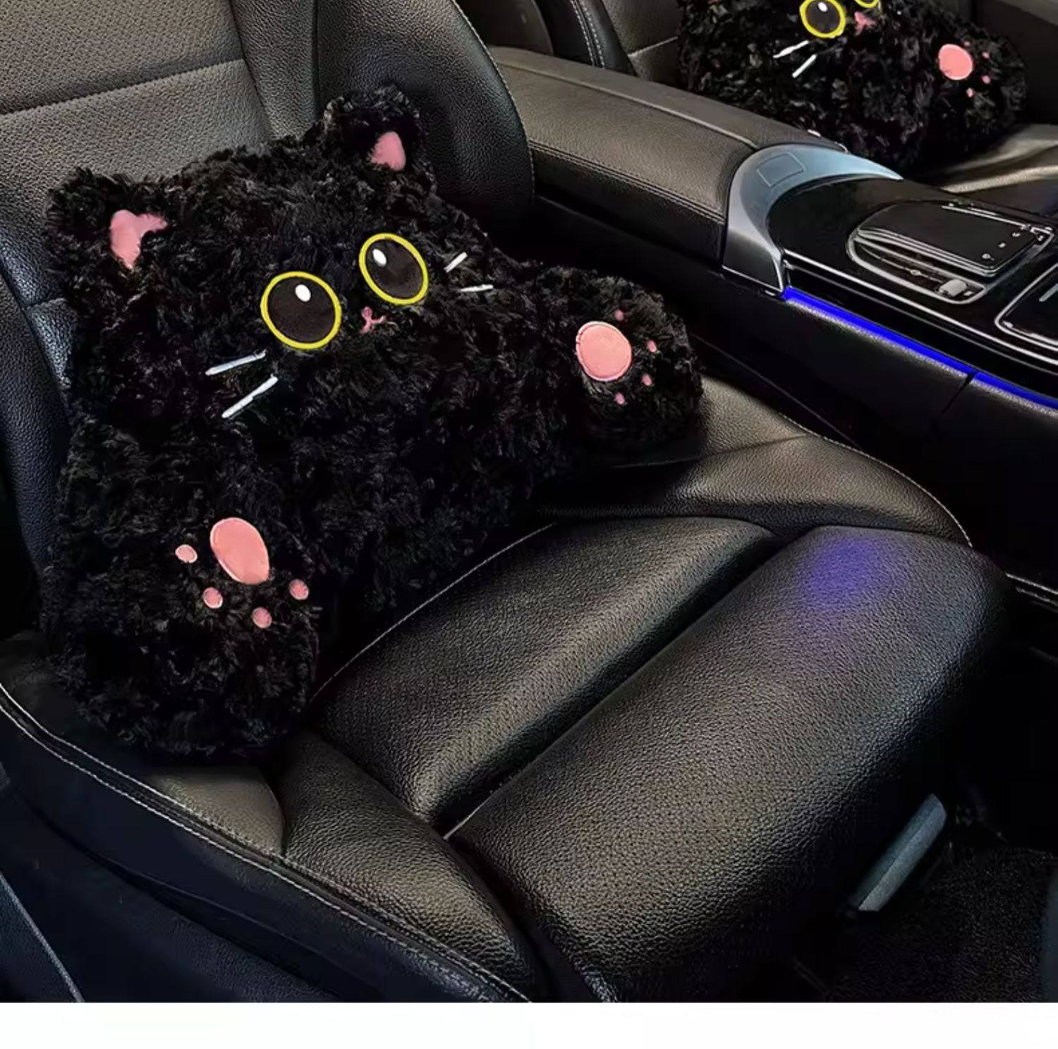 Car Headrest Neck Pillow Cartoon Cute Cat Car Cushion Winter Plush Car Lumbar Pillow Set for Women