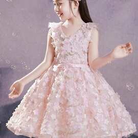 女童高端礼服夏季公主裙粉色儿童小主持人走秀钢琴演奏比赛演出服