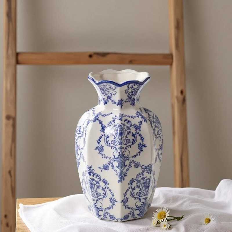 Blue and White Porcelain Retro Ceramic Vase Ornaments, Living Room Flower Arrangements, Decorative Items, New Chinese Style Flower Vessels