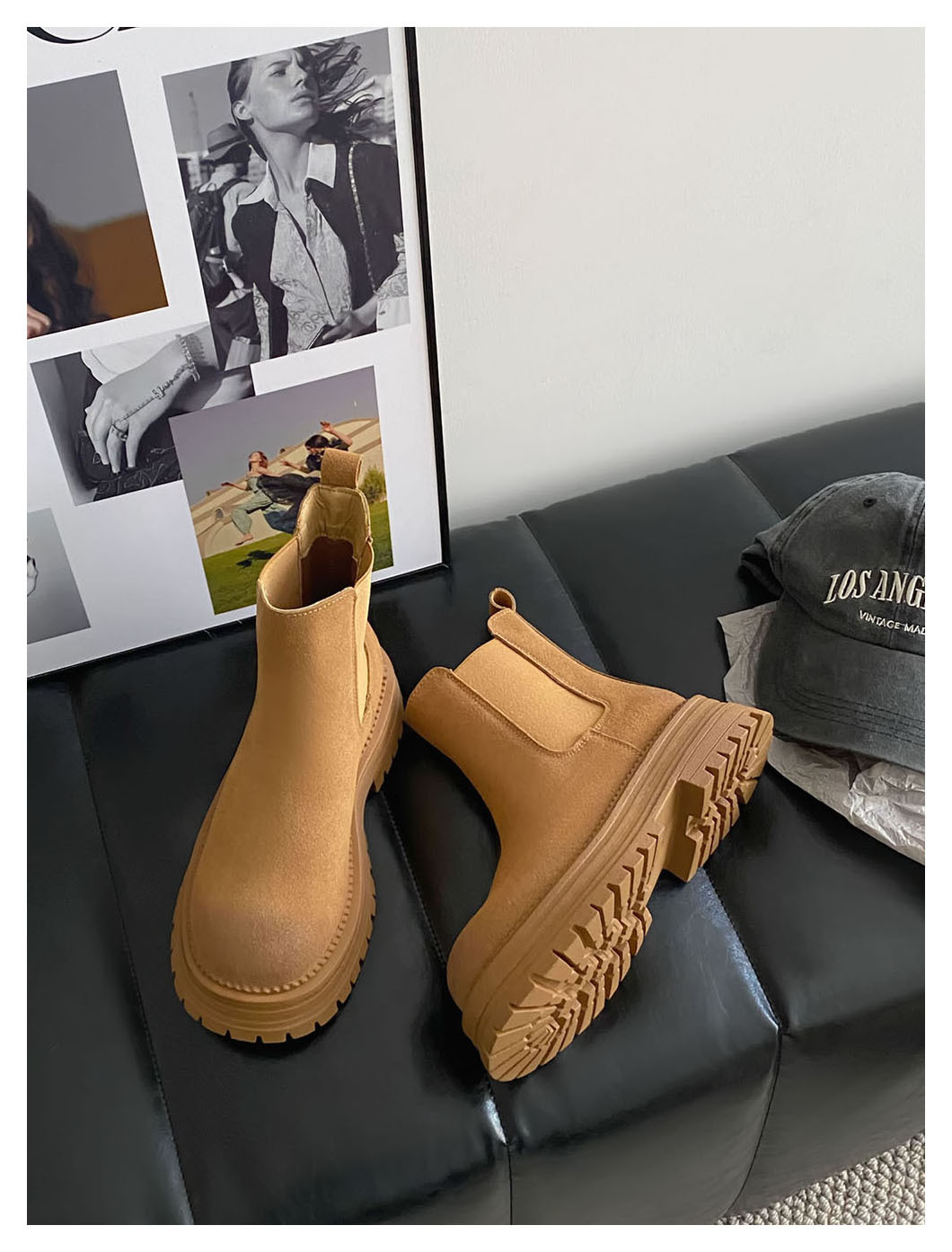 Retro all-in-one platform booties Women's new ankle boots with thick heel elastic sanded leather boots_voghion.com