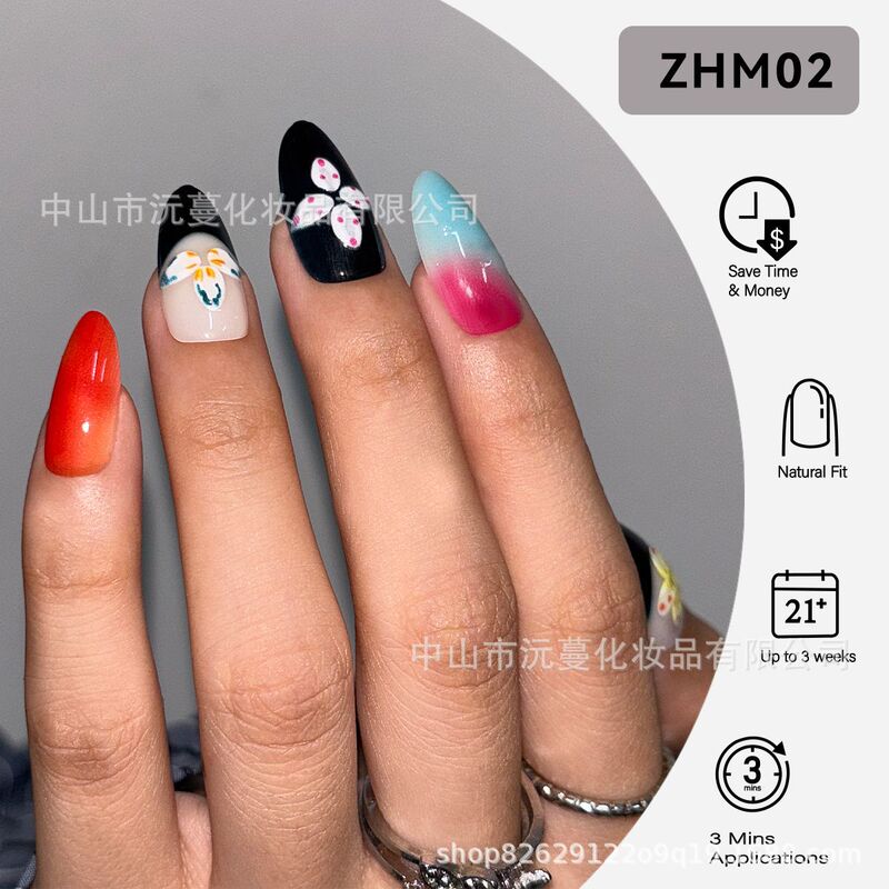 New Chinese-Style Trendy Sweet-Cool Hand-Painted Floral Dual-Color Gradient Neon Flower Mirror Nail Art Removable Nail Stickers