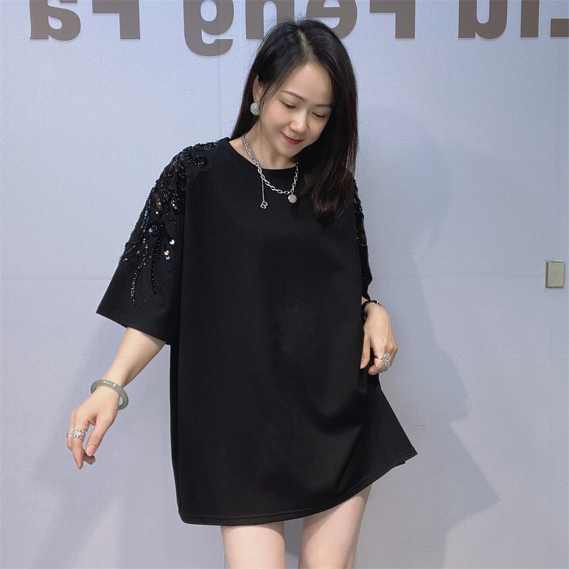 Foreign Trade European and American Women's Clothing, Shoulder Heavy Embroidery, Loose Short-Sleeved T-Shirt Top, New Summer Style for Women, Mid-Length Top