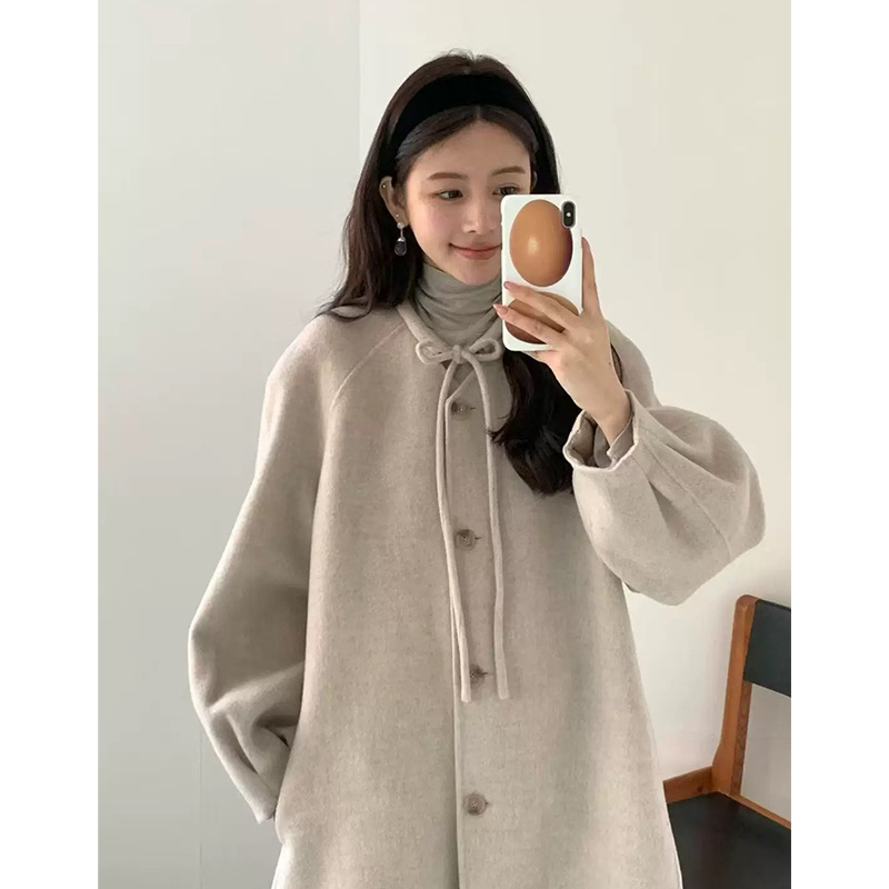 韩国东大门鸡蛋家 甜美小香风无领蝴蝶结系带羊毛羊绒毛呢大衣冬