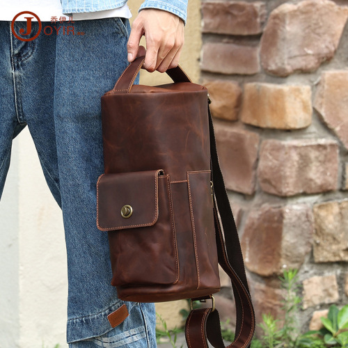  Crazy Horse Leather Retro Crossbody Bag Unique Fashion Trend Cylinder Bag Genuine Leather Crossbody Shoulder Bag Chest Bag Men's Bag