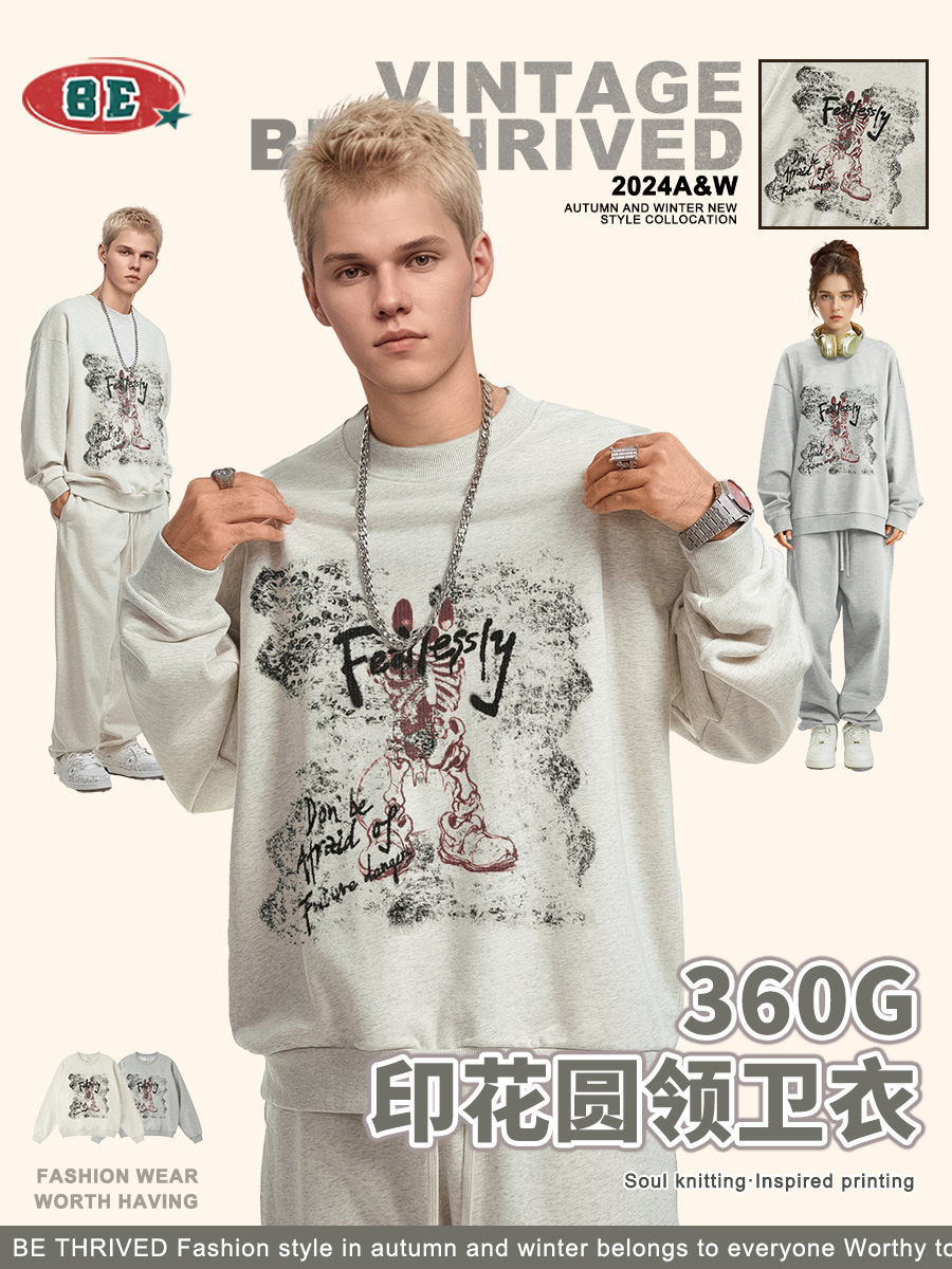 Be Hombres| 2025 otoño americano callejera vintage creativo esqueleto impresión pesada camisa de cuello redondo moda para hombres y mujeres image 1