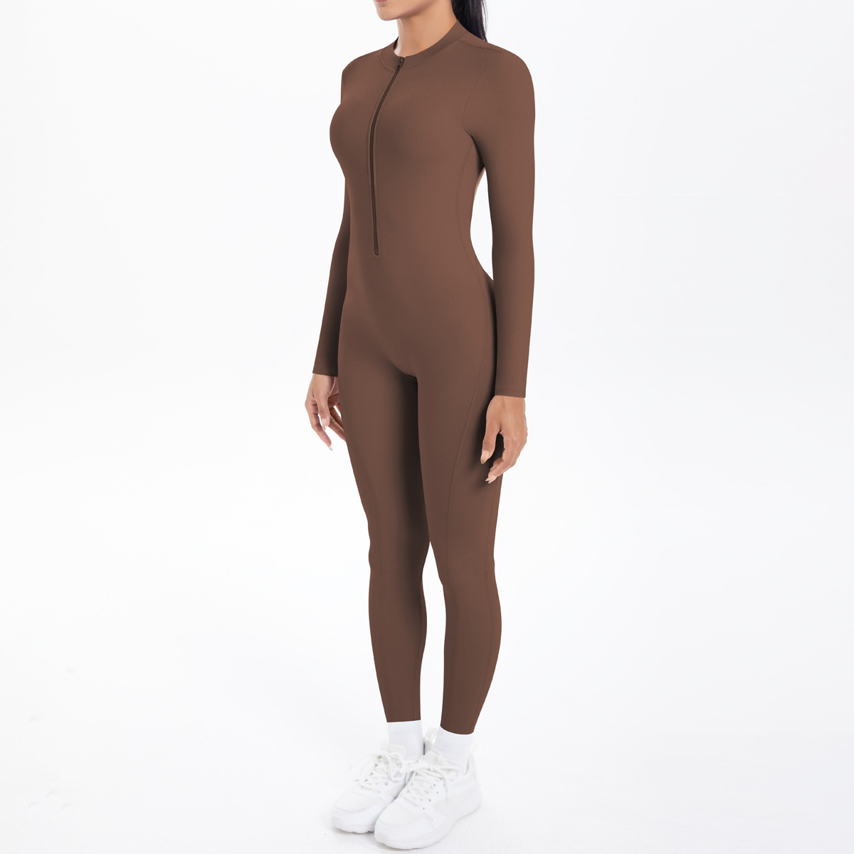 Nuova tuta a maniche lunghe con schiena scoperta, tinta unita e doppio strato in broccato, per sport, corsa, fitness e yoga_voghion.com