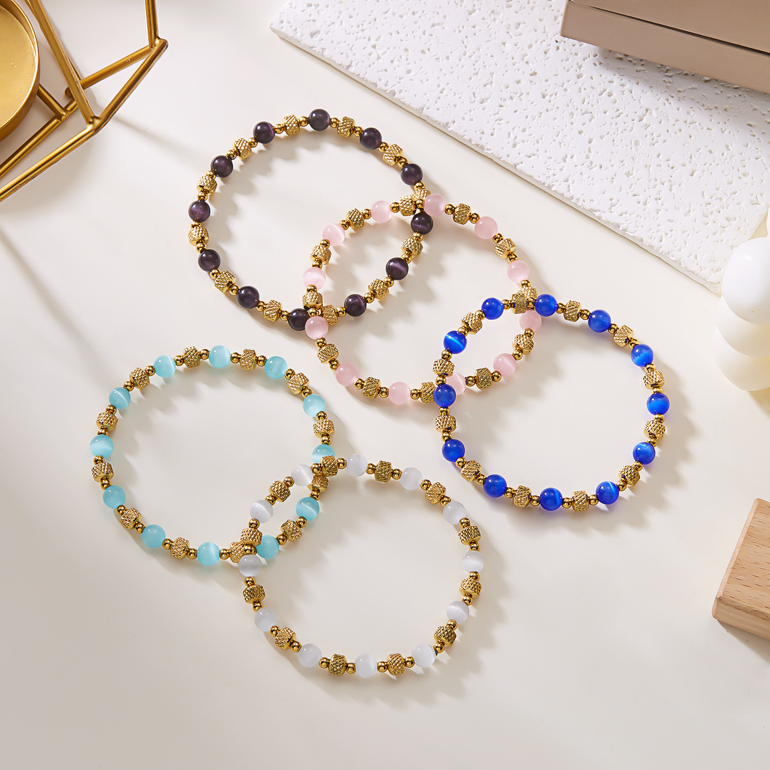 欧美跨境新款多色猫眼石手链时尚潮流可调节不锈钢串珠手链批发