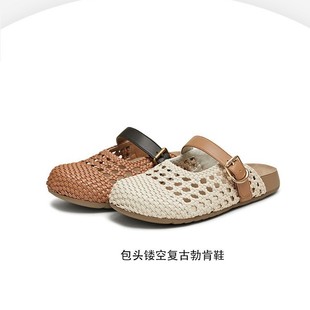 2025 Summer New All-match Retro Thick Bottom Half Slippers Women's Birkenthal Woven Hollow Sandals Hole Shoes