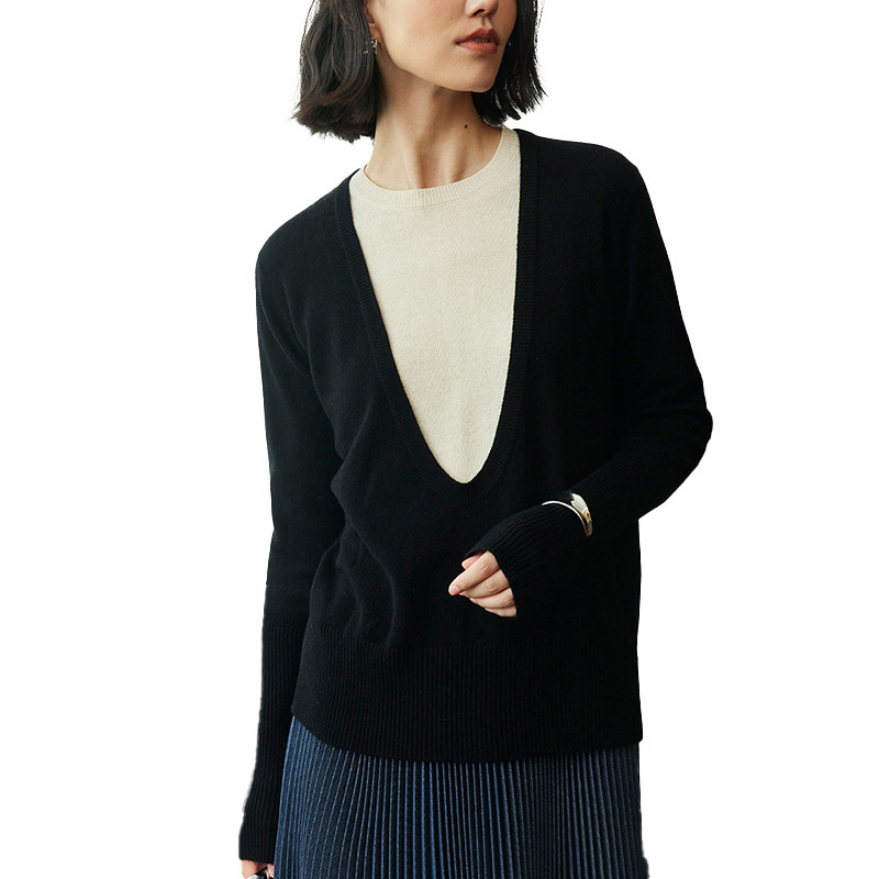 复古高级感简约绵羊毛针织衫女2025秋季新款假两件圆领长袖上衣|undefined