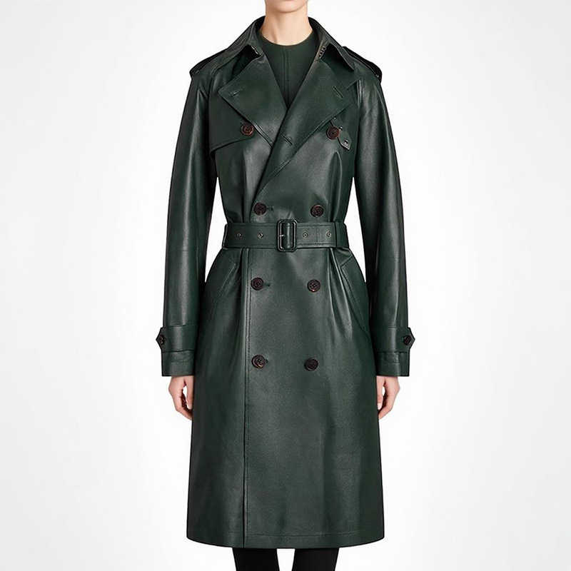In Stock 2026 Autumn and Winter New European and American Celebrity Fashion Double-Breasted Belted Slim Mid-Length Leather Trench Coat