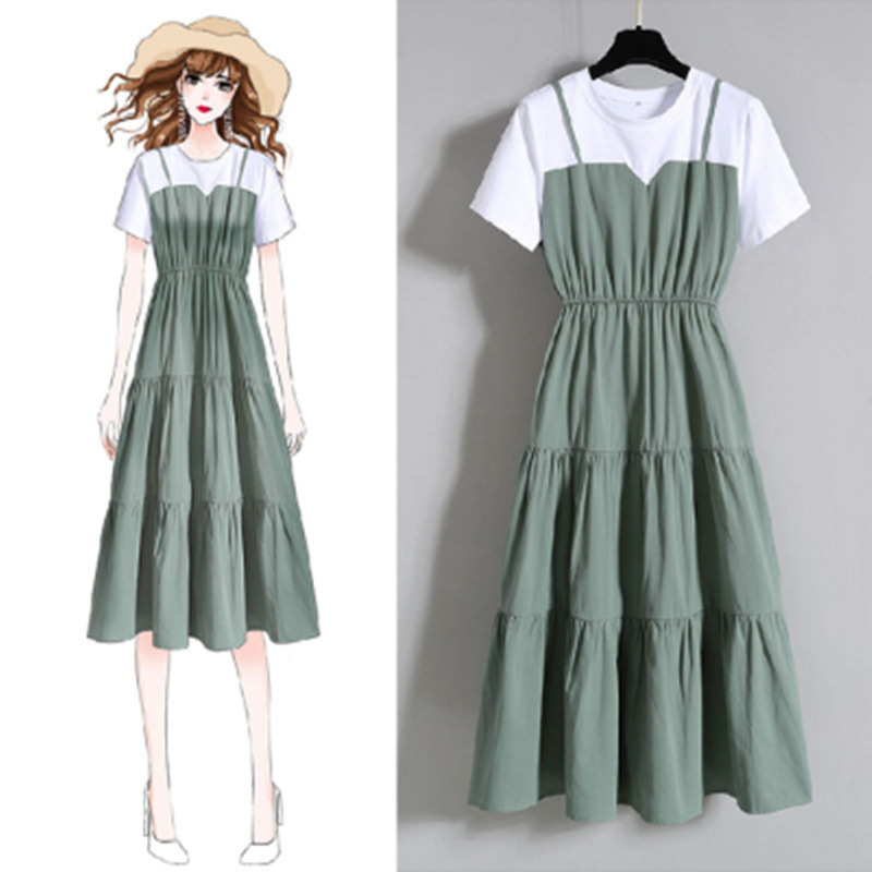 Plus Size Women's Fashion Suspender Dress with Faux Two-Piece Design, Summer Slimming Short-Sleeve Dress for Chubby Girls Plus Size Women's Fashion Suspender Dress with Faux Two-Piece Design, Summer Slimming Short-Sleeve Dress for Chubby Girls