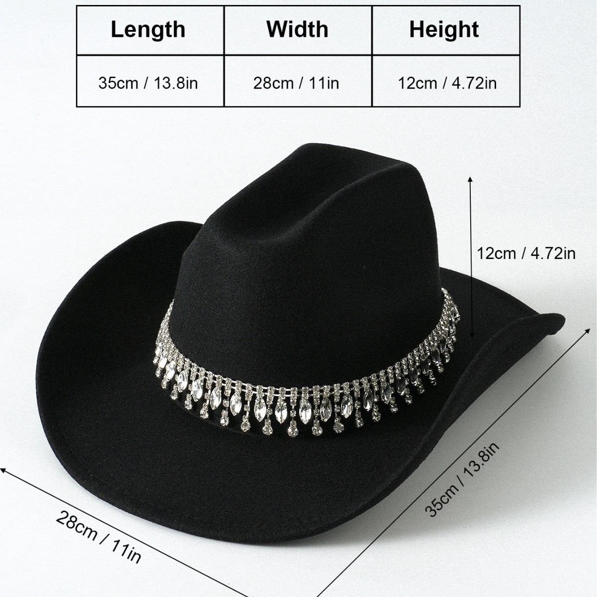 Ancho metal de doble fila de fieltro de diamante occidental sombrero vaquero caliente sombrero de mujer hombre alto estilo francés sombrero