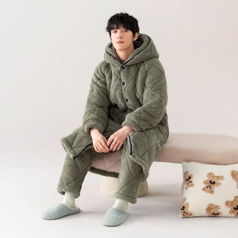 Três camisas de algodón para hombres otoño y invierno 2024 nuevo coral de terciopelo grueso y camisa de terciopelo largo conjunto casero