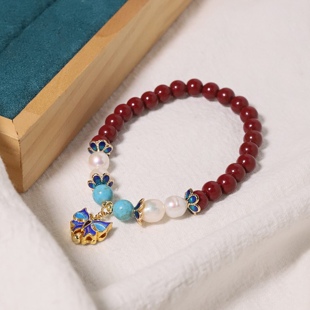 Nicho retrógrado camuflado pulsera de perlas de agua fresca piedra turquesa collar de mariposa azul cuentas para la pareja joyas de mano
