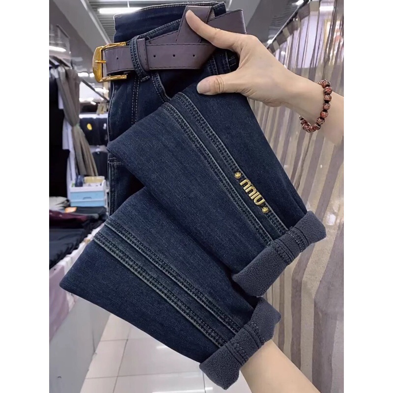 New plus size fleece-lined Thickened Jeans Women's Spring and Autumn 2024 Chubby Sister Slim Harlan Torre Turnip Trendy Pants