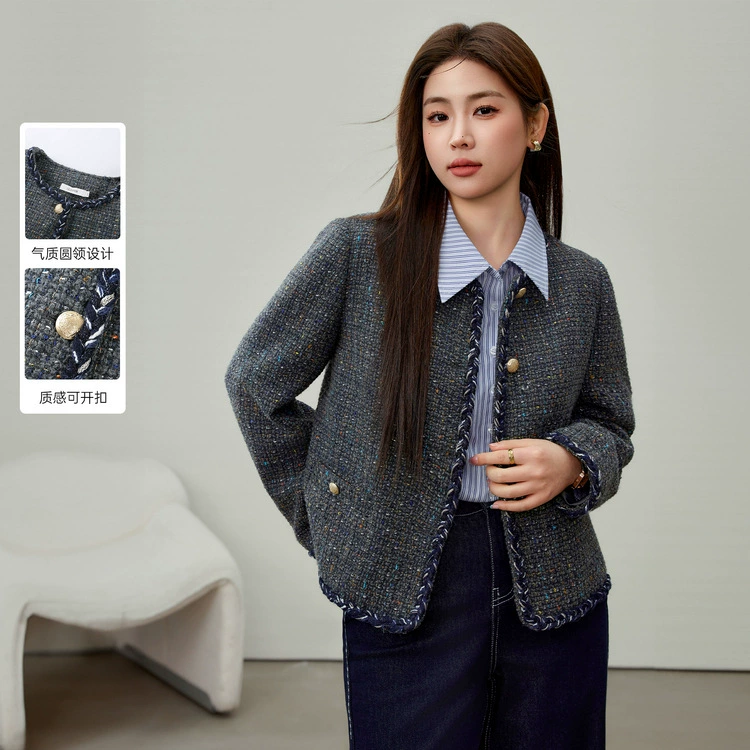 【绵羊毛莱赛尔千金名媛风短款外套】纤莉秀大码女装胖mm春装新款