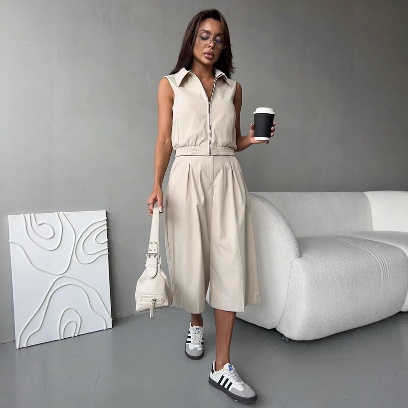 European and American Cross-Border Casual Women's Suit Set, Solid Color Sleeveless Zip-Up Lapel Jacket, Elasticated Cropped Pants Two-Piece Set European and American Cross-Border Casual Women's Suit Set, Solid Color Sleeveless Zip-Up Lapel Jacket, Elasticated Cropped Pants Two-Piece Set