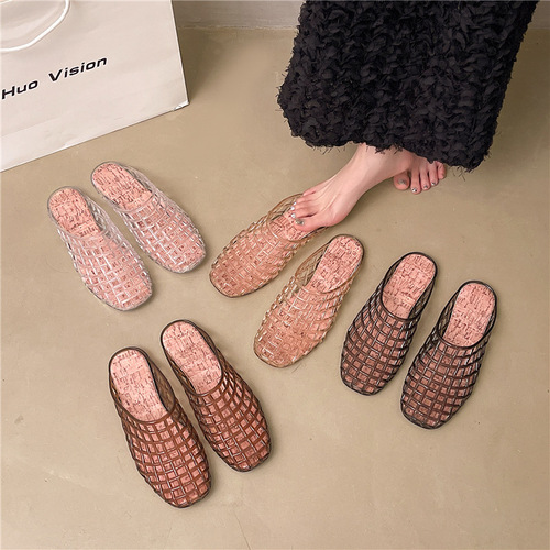 Mesh shoes niche half-slip sandals Korea's new transparent casual women's shoes one-leg plastic slippers hollow sandals