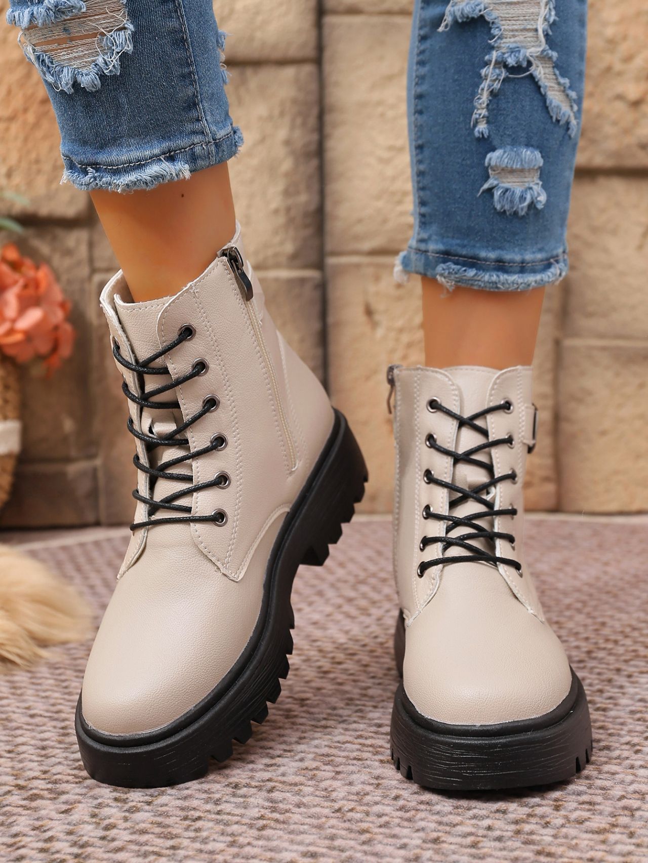 Women's Round Toe Ankle Boots With Side Zipper And Belt Buckle_voghion.com