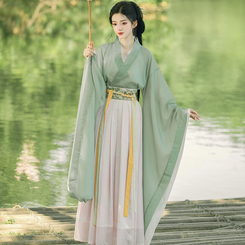 Original Improved Green Top Hanfu Women's Ancient Costume Cross-Collar Ru Skirt Wide-Sleeve Flowing Fairy Skirt Elegant Wei and Jin Dynasty Style Summer Version