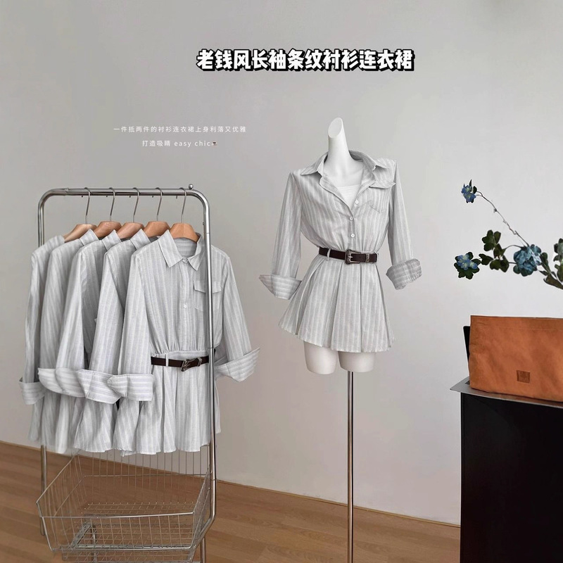 Cool and Unique, Sophisticated and Stylish, Super Attractive, Petite Old Money Style Long-Sleeve Striped Shirt Dress for Women in Spring