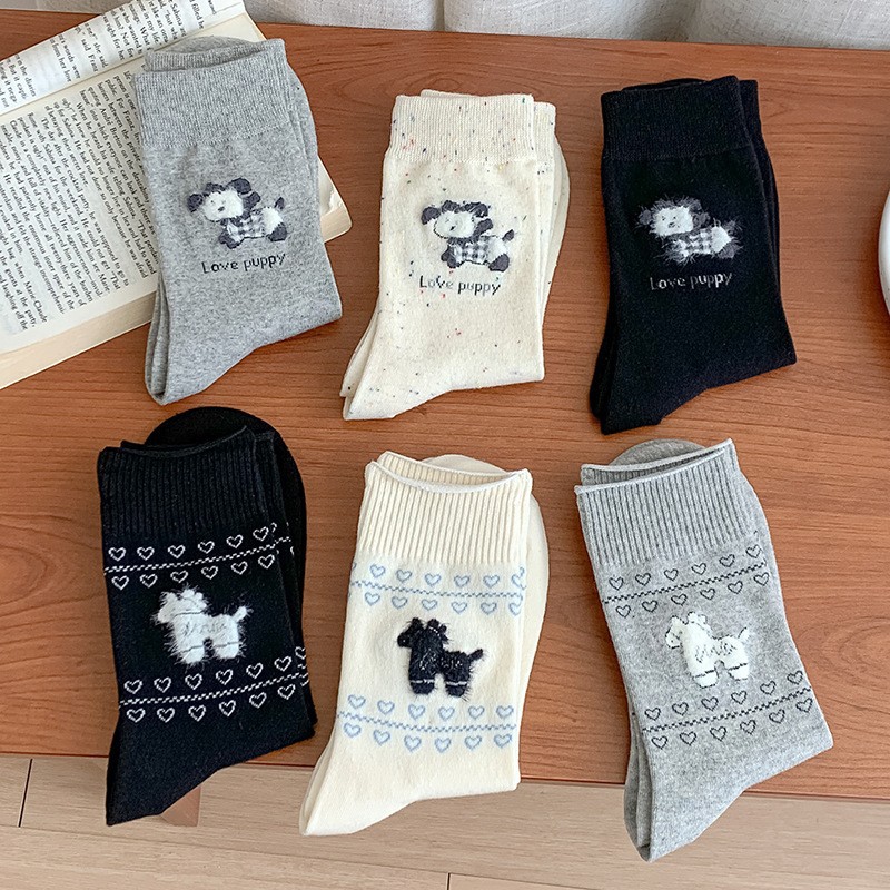 pastoral style socks for women pure cotton mid-calf length socks autumn and winter fair island flocking cute three-dimensional cartoon cotton long socks women