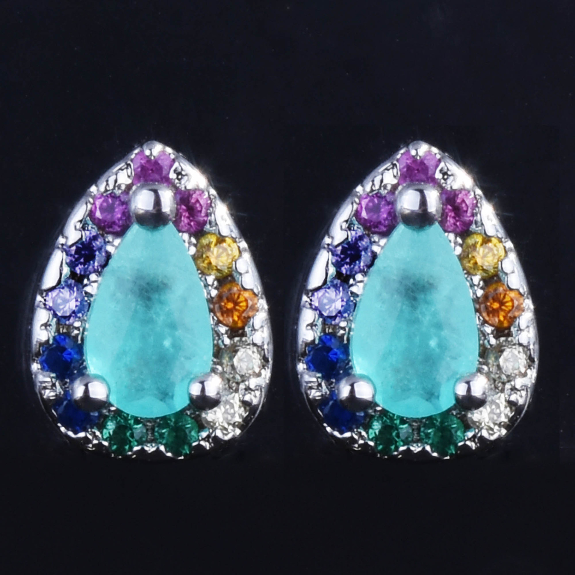 European And American New Personalized Fashion Inlaid Colorful Crystals Stud Earrings Colorful Zircon Lake Water Green Color Paraiba Pear-shaped Stud Earrings display picture 1