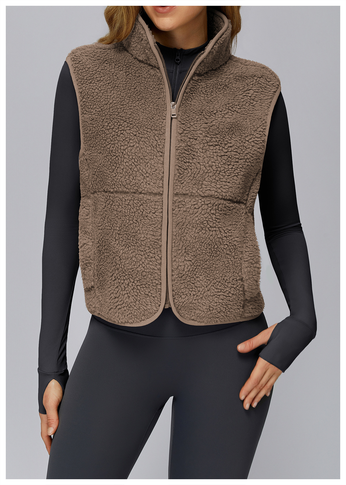 Herbst/Winter Stehkragen Fleecegefütterte ärmellose Sportweste mit Reißverschluss, Outdoor-Lauf-Fitness-Top 9500_voghion.com