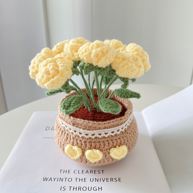 Paquete de material de ramo de lana de bricolaje tejido a mano, tulipanes, margaritas, flores de ganchillo en maceta, adornos caseros