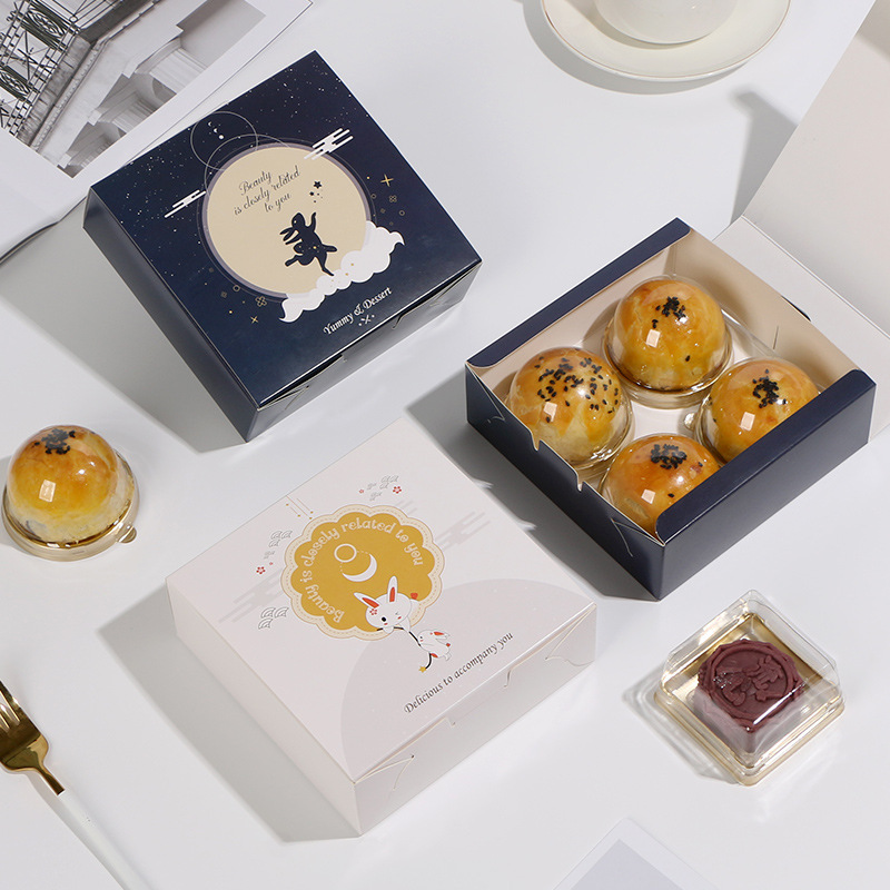 Nuevo cuadrado pastel de luna de mediados de otoño caja de embalaje 4 yema de huevo caja crujiente hielo flujo de la piel corazón crujiente para hornear huevo tarta caja de pastel de Luna