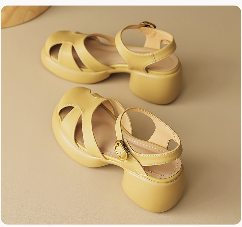 Sandal gót thô da cừu bít mũi phong cách La Mã đế dày quai ngang hở gót — Màu vàng ngỗng chi tiết 20