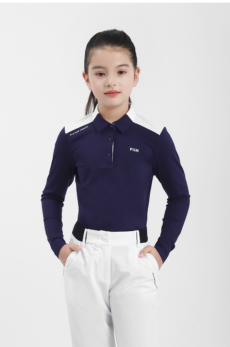 Áo thun golf dài tay bé gái PGM cổ bẻ phối sọc — YF219 màu hồng, YF548-màu trắng, YF219 màu trắng, YF548-màu xanh nước biển chi tiết 7