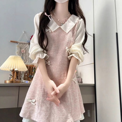 小个子绝美粉色连衣裙子女初秋季2025新爆款假两件miu系穿搭短裙