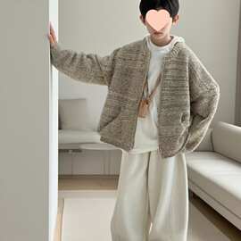 儿童套装秋季新款男童针织线衣外套百搭连帽打底薄绒休闲裤三件套