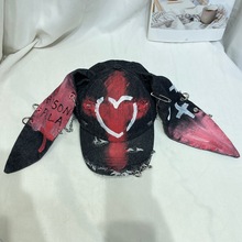 y2k废土风兔耳朵牛仔破洞棒球帽子女暗黑风铁环链条涂鸦鸭舌帽潮