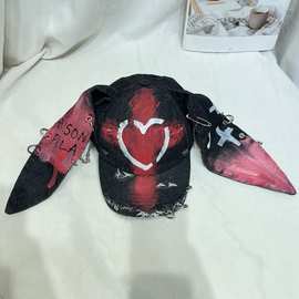 y2k废土风兔耳朵牛仔破洞棒球帽子女暗黑风铁环链条涂鸦鸭舌帽潮