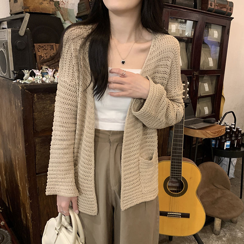 夏季新款百搭镂空宽松针织衫韩版口袋开衫外套薄款吊带外穿披肩潮