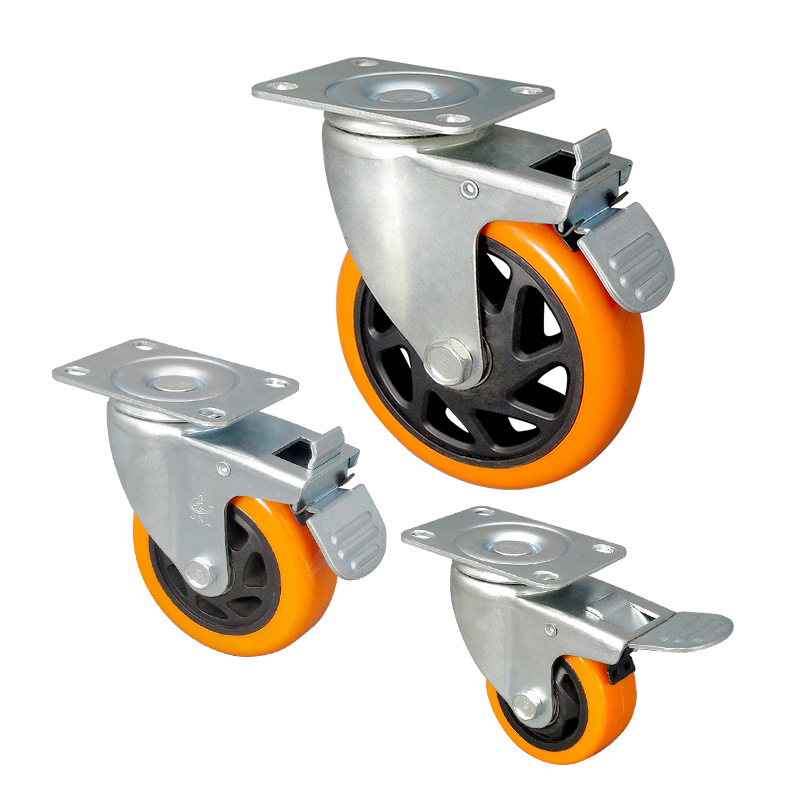 万向轮 平底活动脚轮 平板刹车轮 中型橙色通花轮3寸4寸5寸双轴