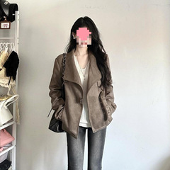 美式辣妹麂皮绒夹克上衣女春秋季新款大翻领氛围感修身机车短外套