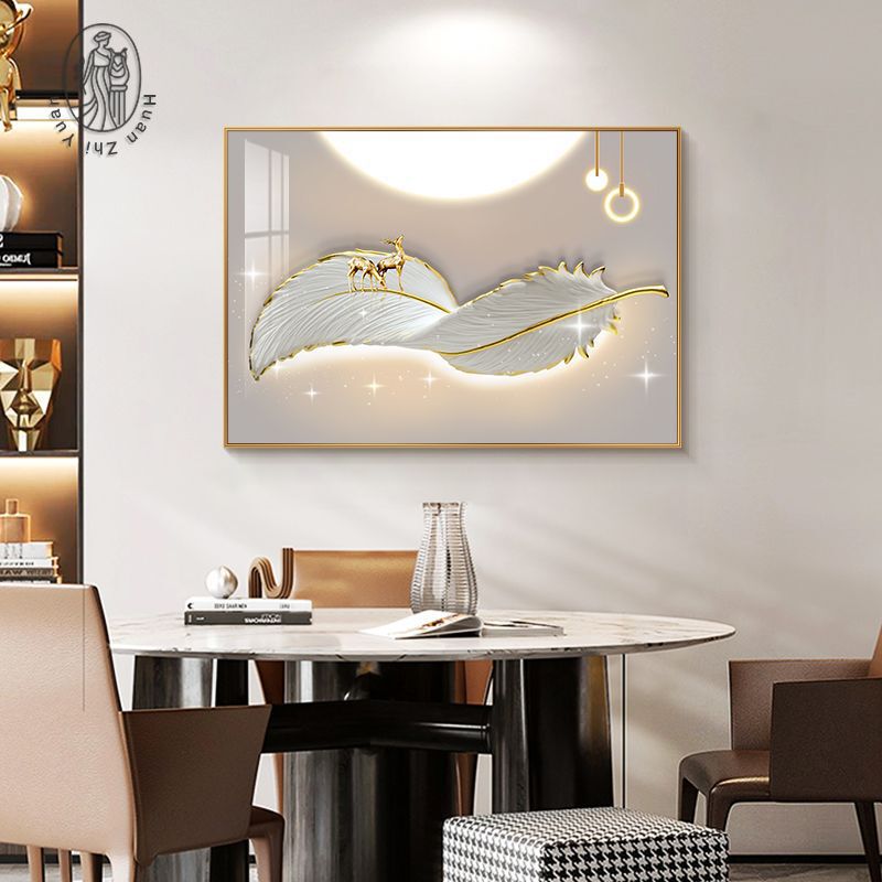 Light Luxury Style Restaurant Decorative Painting, Creative Feather Dining Room Wall Art, High-End Modern Minimalist Dining Table Background Wall Mural