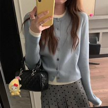 秋冬新款假两件软糯拼色针织开衫上衣女小个子短款温柔毛衣外套潮