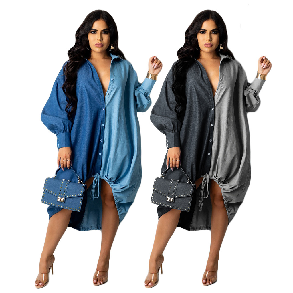 Splicing Hem Single-Breasted Drawstring Solid Color Dress NSGCX113595