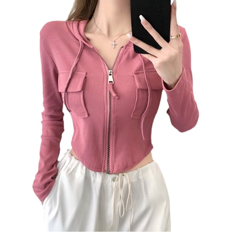 2023 Otoño e Invierno nueva chica caliente bolsillo con capucha Delgado cremallera cardigan suéter estudiante corto Top moda femenina