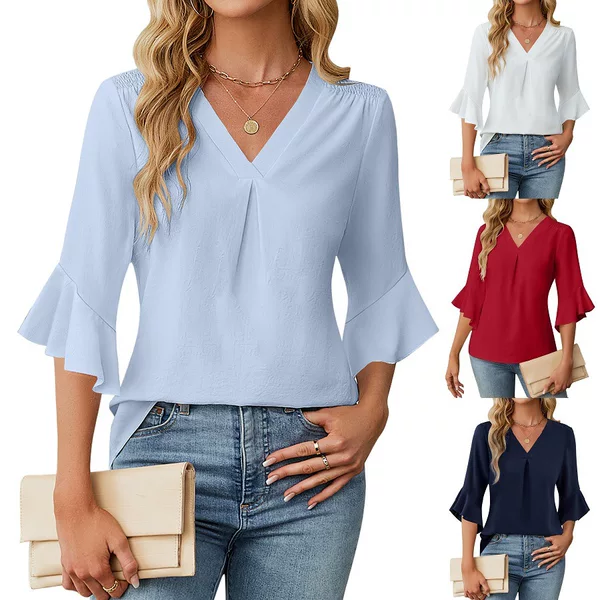 2026 European and American Cross-Border Women's Clothing Amazon New Summer Style Three-Quarter Length V-Neck Ruffle Sleeve Casual Chiffon Shirt for Women