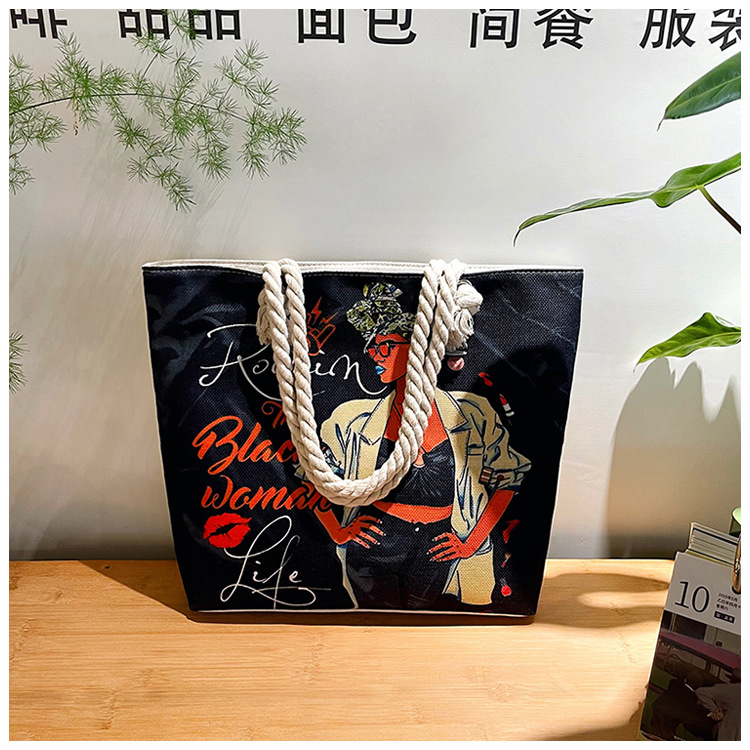 New cross-border tote bag, versatile women's portable shopping bag, creative women's printed aesthetic thick rope beach bag undefined