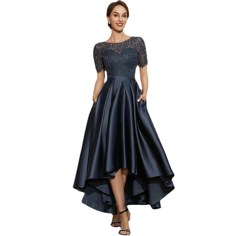 Comercio exterior de Europa y América Amazon AliExpress deseo azul marino satén vestido de bola cuello redondo encaje manga corta vestido de noche