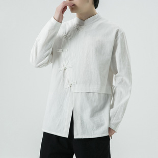 Spring and Summer New Chinese Style Men's Cotton and Linen Long-Sleeved Shirts Retro Buttoned Large Size Han Dynasty Pure Color Linen Shirts